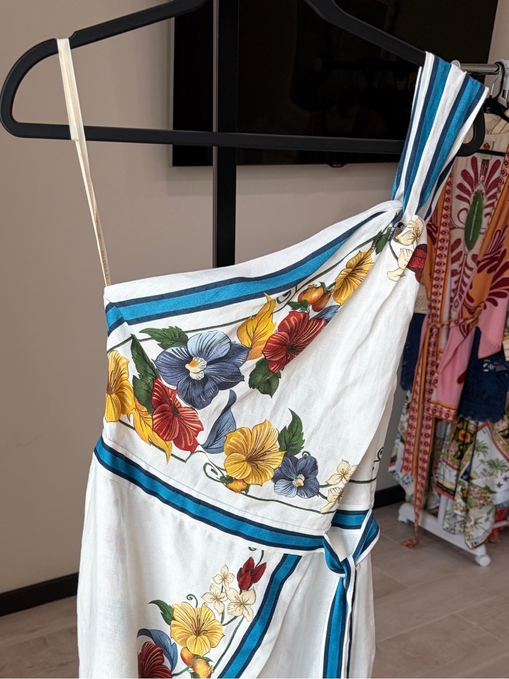 FARM Rio White One-Shoulder Floral Midi Dress with Blue Trim - Picture 3 of 9